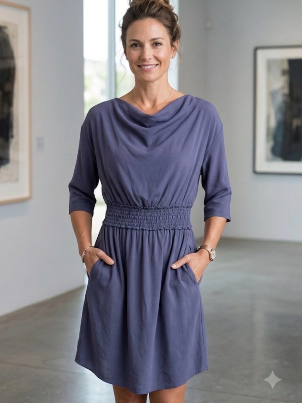 Bodybag by Jude Clothing Cowl-Neck Smocked-Waist Dress in Dusty Blue